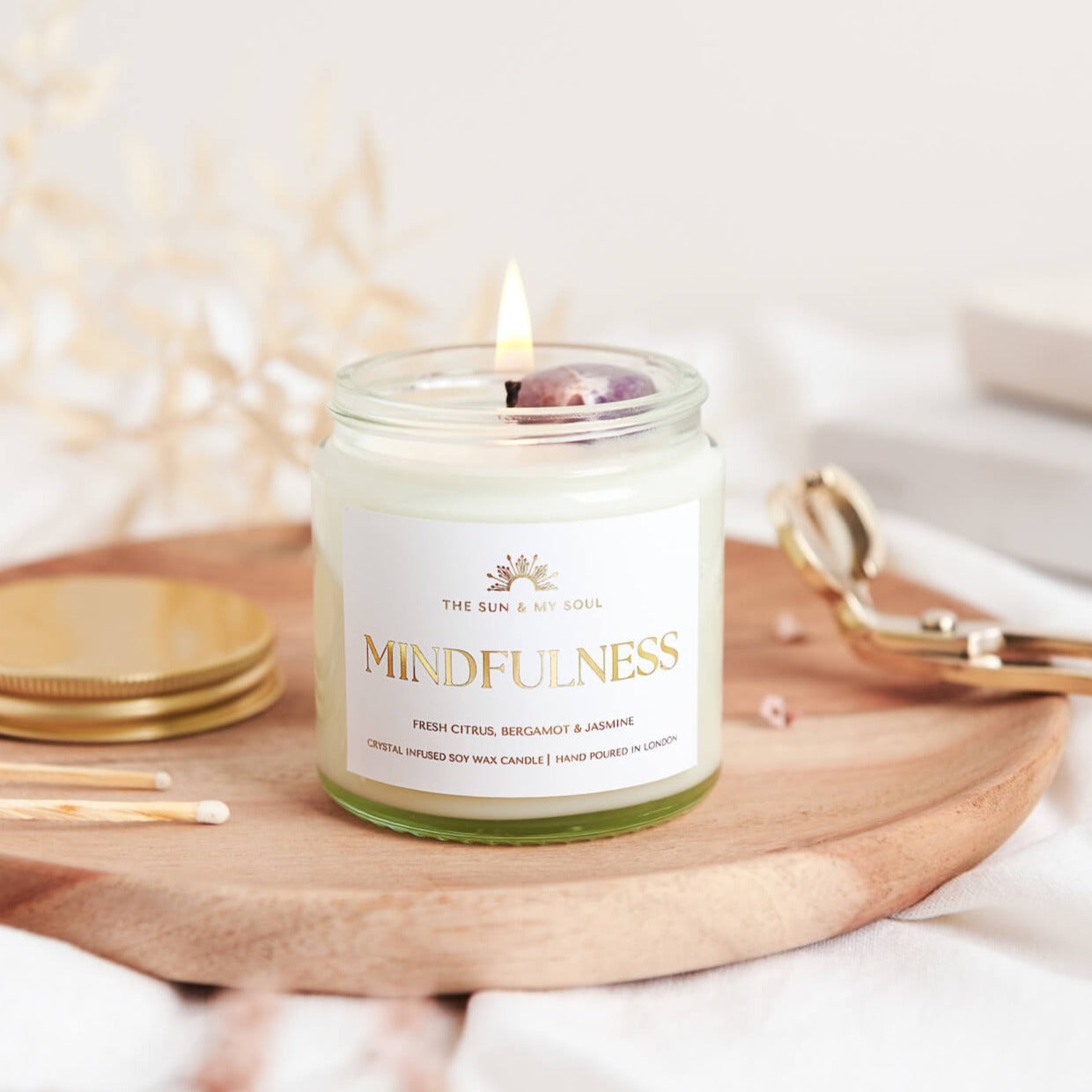 Mindfulness Crystal Candle with Amethyst, Scent - Fresh Citrus, Bergamot & Jasmine