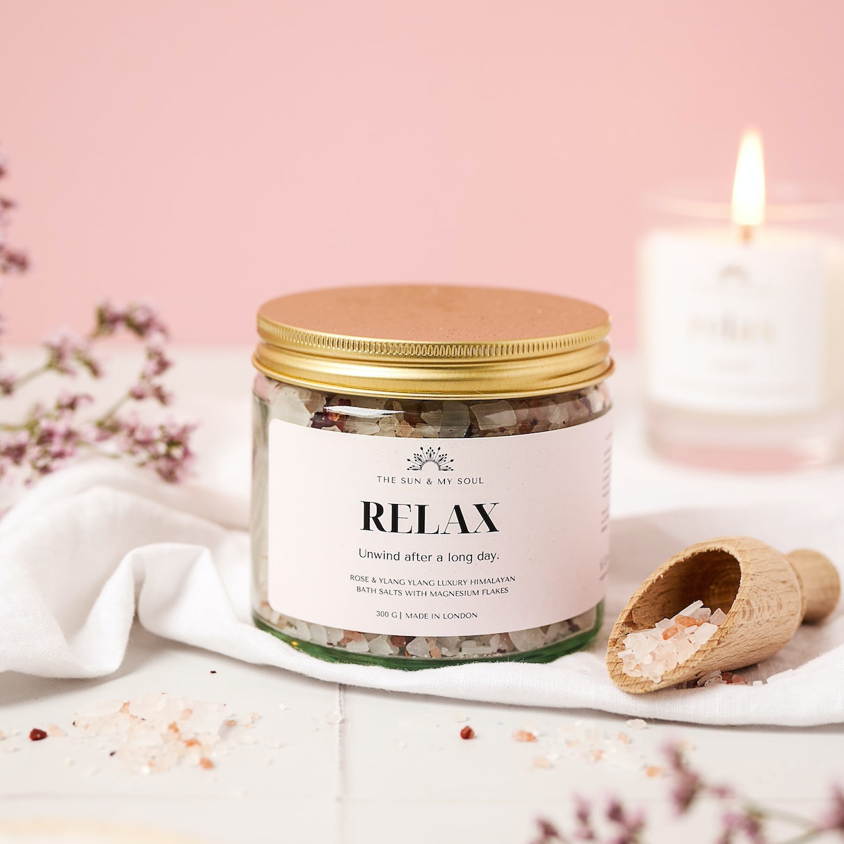 Relax Rose & Ylang Ylang Luxury Himalayan Bath Salts with Magnesium Flakes in Jar