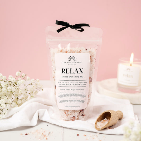 Relax Rose & Ylang Ylang Luxury Himalayan Bath Salts with Magnesium Flakes in Pouch