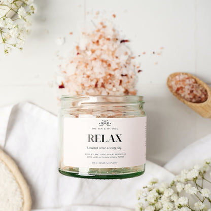 Relax Rose & Ylang Ylang Luxury Himalayan Bath Salts with Magnesium Flakes in Jar