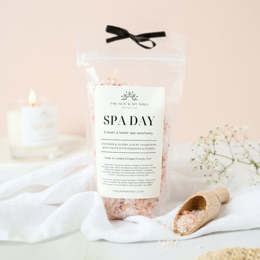 Spa Day Lavender & Jojoba Luxury Himalayan Bath Salts with Magnesium Flakes in Pouch