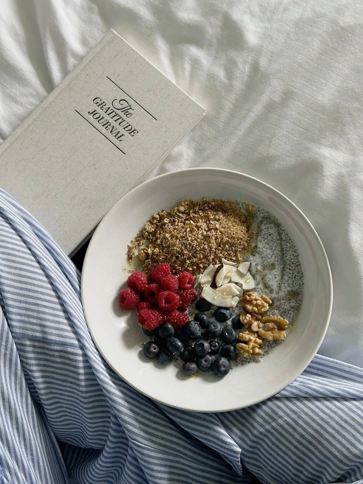 Bowl of cereal with fruits on a bed next to a notebook